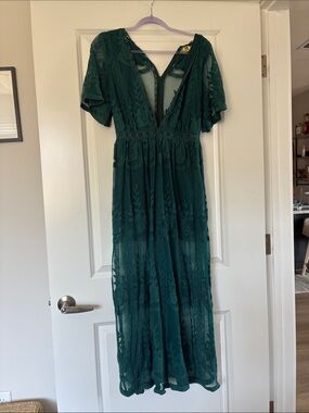 Deep Teal Lace Maxi Dress with V-Neck and Flutter Sleeves